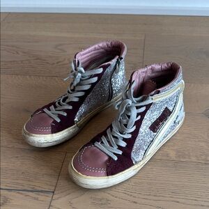 Women’s Golden Goose Pink/Burgundy High-Top Sneakers with Silver Glitter